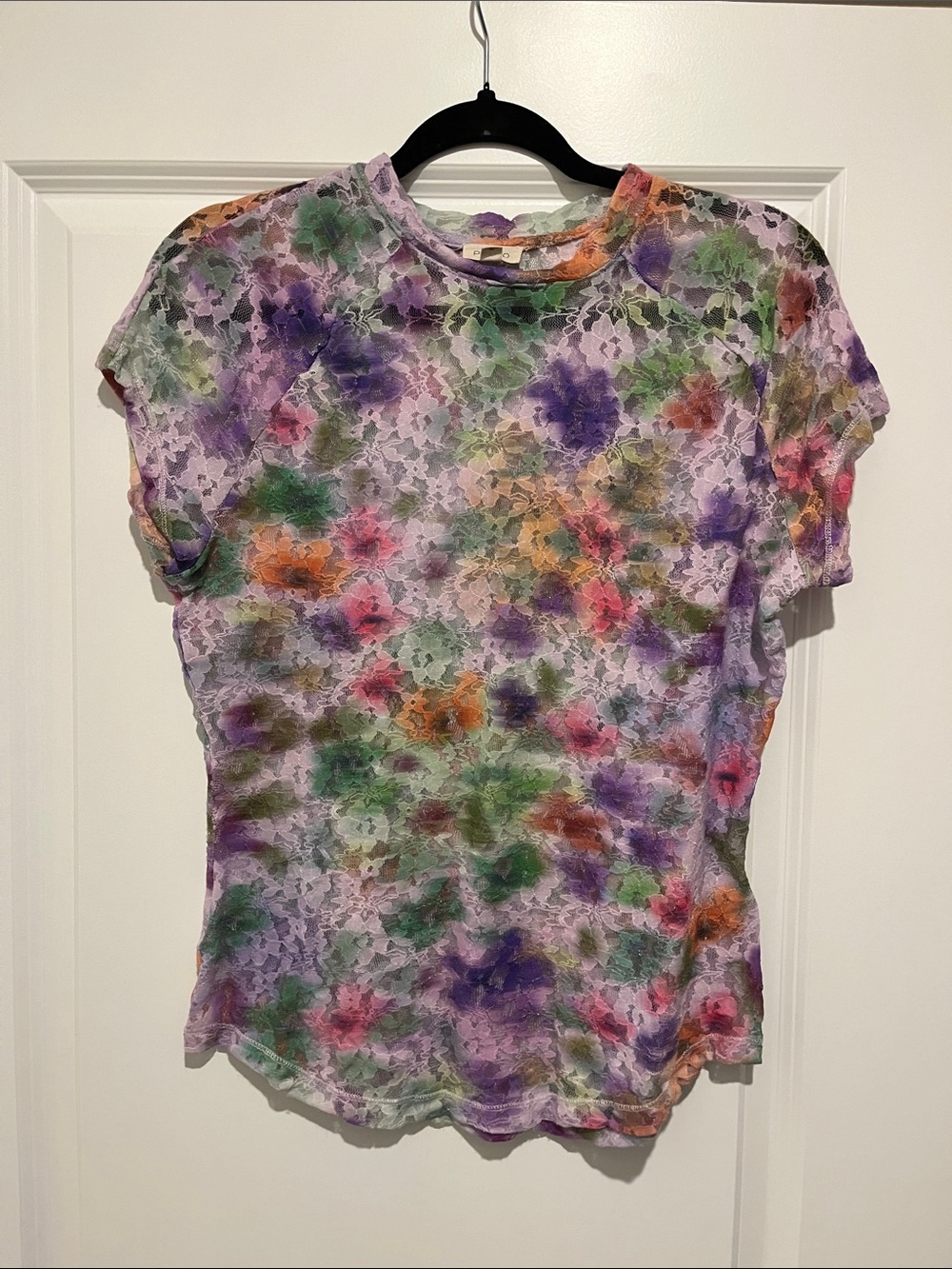 Anthropologie Floral Lace Short Sleeve Top - Purple, Green, Orange, Pink, Cream